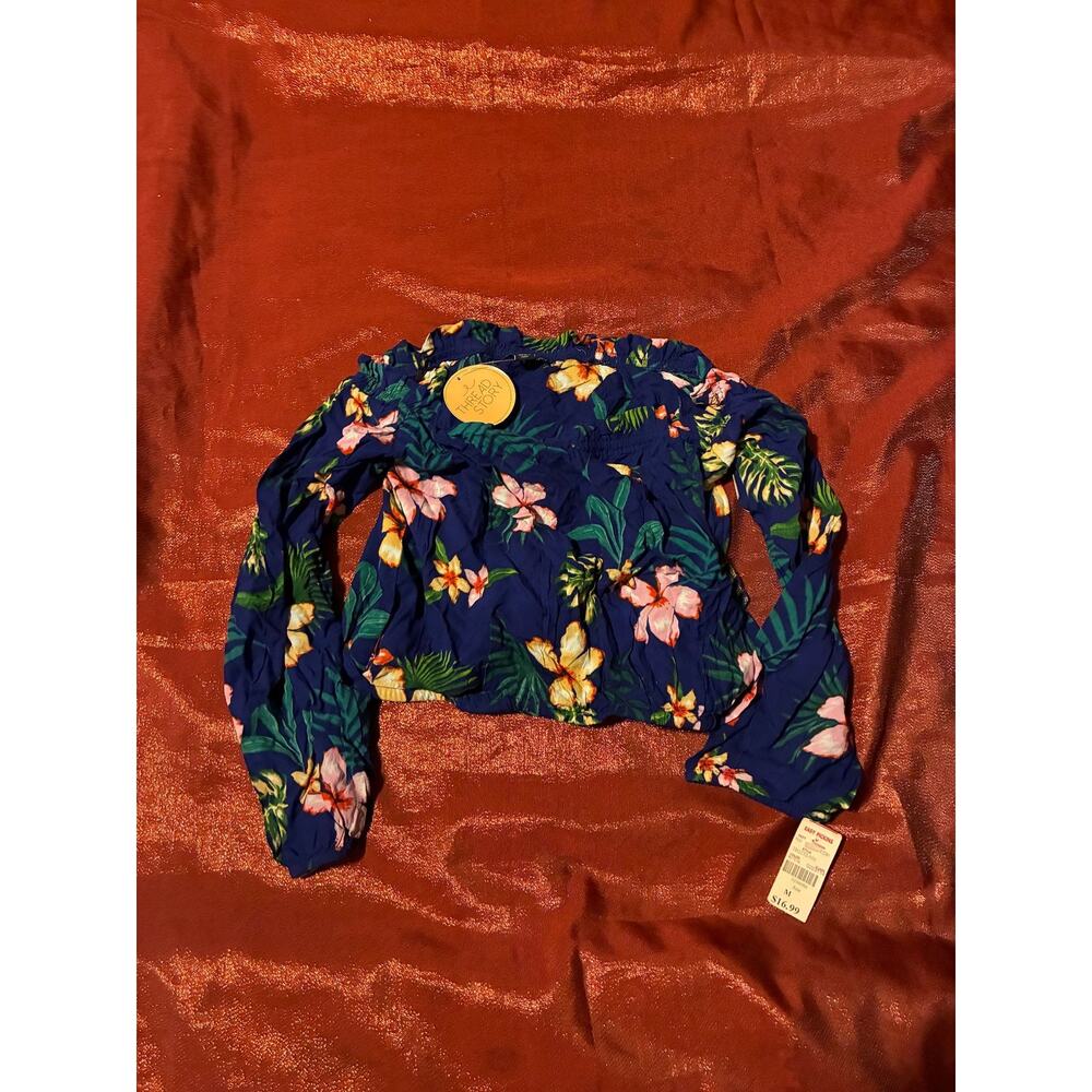 ThreadStory Top Womens M Blue Off Shoulder Floral Cropped Long Sleeve Boho